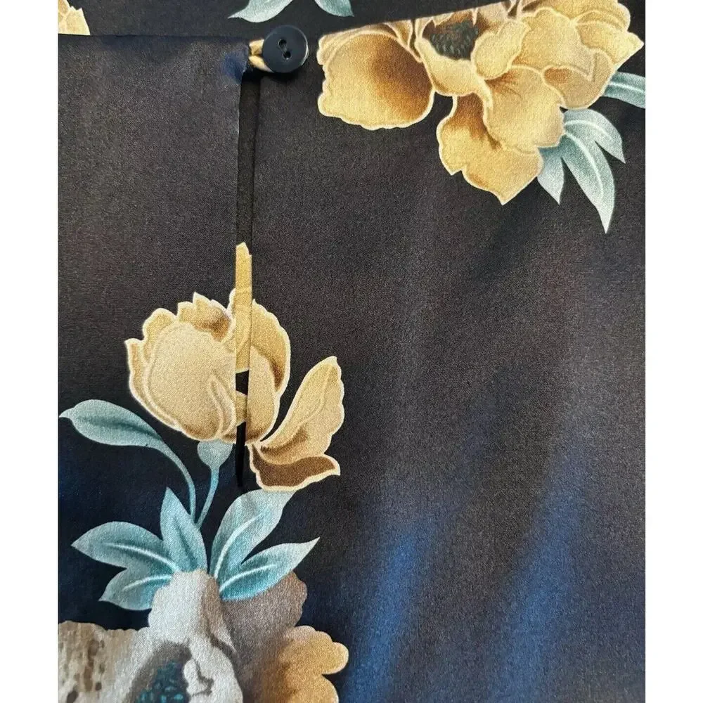 Kate Hill Silk Top Satin Black Tank Sleeveless Size 8 Floral Roses